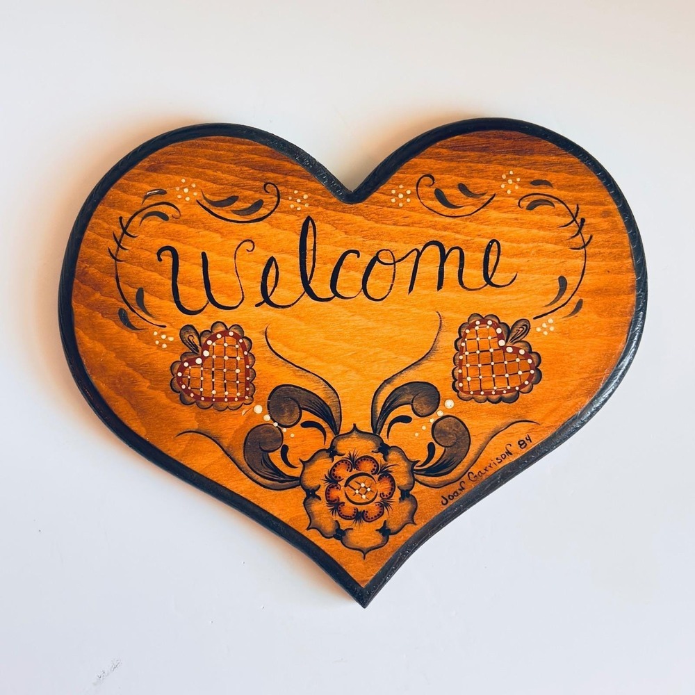 Vintage Wooden Welcome Heart Sign Hand Painted Rosemaling Folk Art Wall Decor